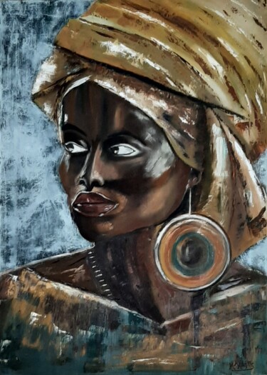 Картина под названием "Afrikaanse dame" - Elise Wouters, Подлинное произведение искусства, Масло