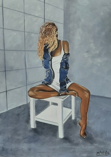 Schilderij getiteld "Meisje in blauw-wit" door Elise Wouters, Origineel Kunstwerk, Olie