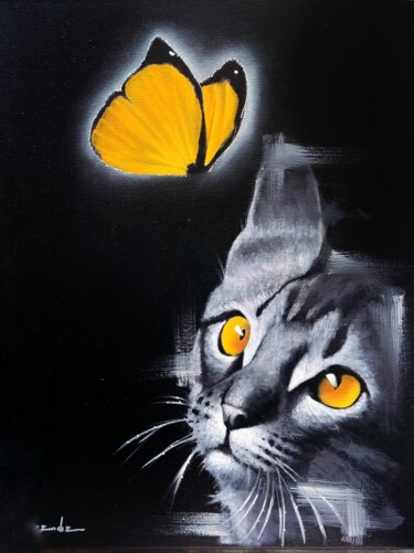 Painting titled "Cat & Butterfly" by Eliseo Ferrandiz, Original Artwork, Oil Mounted on Wood Stretcher frame