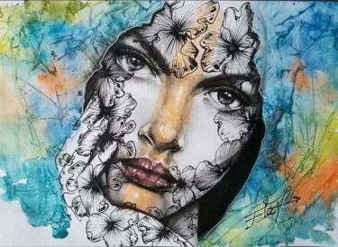 Painting titled "Flore" by Élise Poinsenot, Original Artwork, Watercolor Mounted on Glass