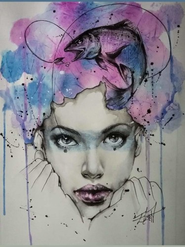 Painting titled "Noyer le poisson" by Élise Poinsenot, Original Artwork, Watercolor