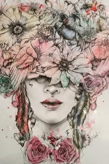 Painting titled "En fleur" by Élise Poinsenot, Original Artwork, Watercolor