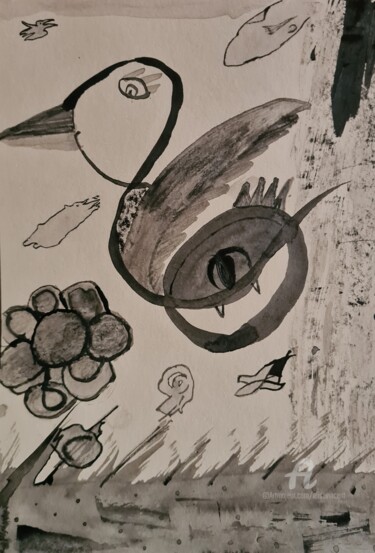 Dessin intitulée "La Créature volante" par Elise Vincent, Œuvre d'art originale, Encre