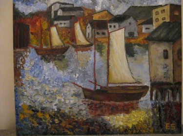 Pintura titulada "Barcos en la ribera" por Elizabeth S, Obra de arte original