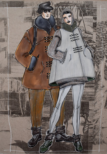 Dessin intitulée "Promenade en amoure…" par Elisabeth Tiffon (Eli TIFFON CUENCA), Œuvre d'art originale, Marqueur