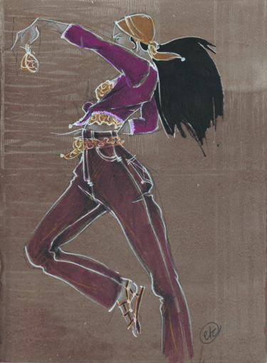 Desenho intitulada "La Gitane II" por Elisabeth Tiffon (Eli TIFFON CUENCA), Obras de arte originais, Tinta