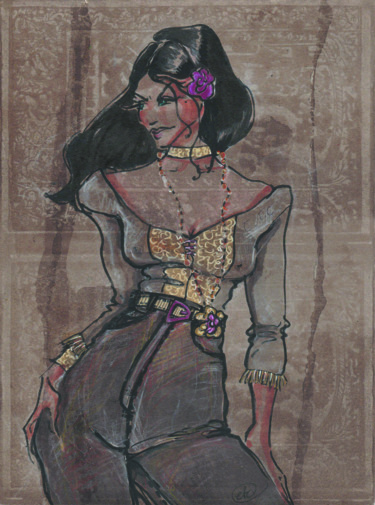 Dessin intitulée "La Gitane VIII" par Elisabeth Tiffon (Eli TIFFON CUENCA), Œuvre d'art originale, Encre