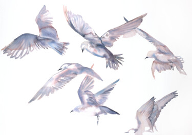 Painting titled "Seagulls in Flight" by Elizabeth Becker, Original Artwork, Watercolor