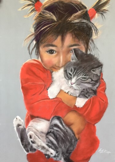 Dibujo titulada "La petite fille aux…" por Elizabeth Estienne, Obra de arte original, Pastel Montado en Cartulina