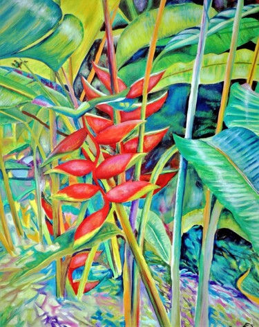 Painting titled "Hot Heliconias" by Elizabeth Sadler, Original Artwork, Oil Mounted on Wood Stretcher frame