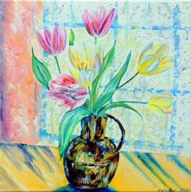 Painting titled "Yellow & Pink Tulip…" by Elizabeth Sadler, Original Artwork, Oil Mounted on Wood Stretcher frame