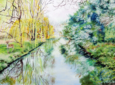 Painting titled "Spring Willows and…" by Elizabeth Sadler, Original Artwork, Oil Mounted on Wood Stretcher frame