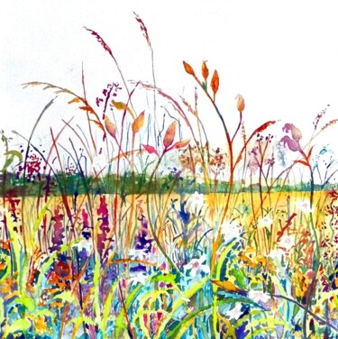 Pintura intitulada "Fen Field Flowers" por Elizabeth Sadler, Obras de arte originais, Aquarela