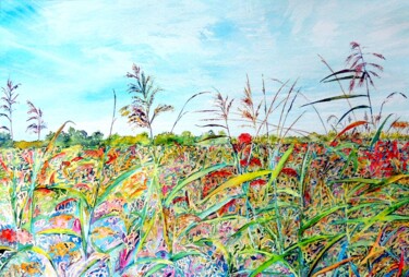 Pintura intitulada "Summer Fen Fields" por Elizabeth Sadler, Obras de arte originais, Aquarela