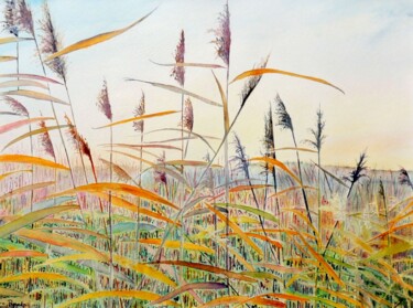 Peinture intitulée "Fen Reeds" par Elizabeth Sadler, Œuvre d'art originale, Aquarelle Monté sur Autre panneau rigide