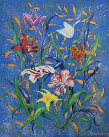 Schilderij getiteld "Tulip Fantasia" door Elizabeth Sadler, Origineel Kunstwerk, Olie Gemonteerd op Frame voor houten branca…
