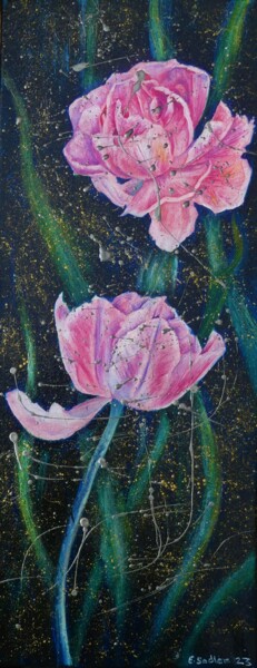Картина под названием "Wet Day Tulips" - Elizabeth Sadler, Подлинное произведение искусства, Масло Установлен на Деревянная…
