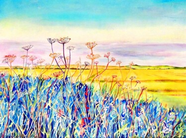 Painting titled "Late Summer Fields" by Elizabeth Sadler, Original Artwork, Watercolor