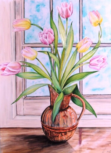 Painting titled "Yellow & Pink Tulip…" by Elizabeth Sadler, Original Artwork, Watercolor