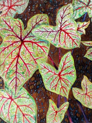 Malarstwo zatytułowany „Red Caladium Leaves” autorstwa Elizabeth Sadler, Oryginalna praca, Akwarela