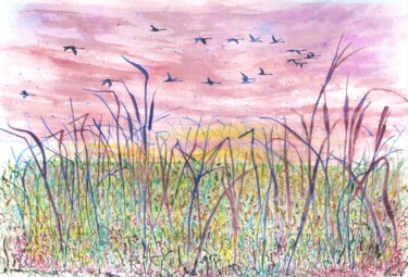 Malerei mit dem Titel "Hooper Swans Fen Su…" von Elizabeth Sadler, Original-Kunstwerk, Aquarell
