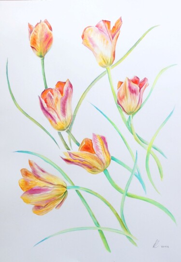 Painting titled "Six Coral Tulips" by Elizabeth Sadler, Original Artwork, Watercolor