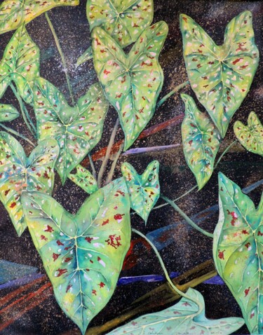 Malarstwo zatytułowany „Green Caladium eaves” autorstwa Elizabeth Sadler, Oryginalna praca, Akwarela
