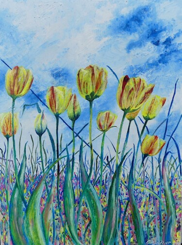 Schilderij getiteld "Skyward Tulips" door Elizabeth Sadler, Origineel Kunstwerk, Olie Gemonteerd op Frame voor houten branca…