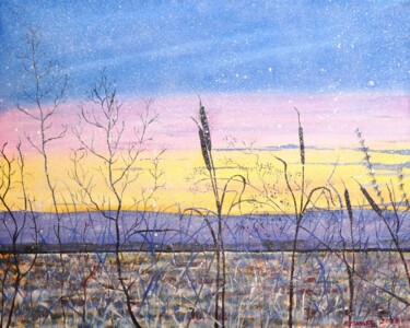 Painting titled "Dawn Snow Flurry" by Elizabeth Sadler, Original Artwork, Oil Mounted on Wood Stretcher frame