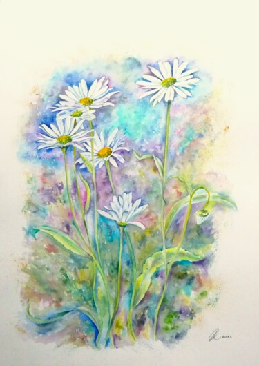 Картина под названием "Love Me Daisies" - Elizabeth Sadler, Подлинное произведение искусства, Акварель