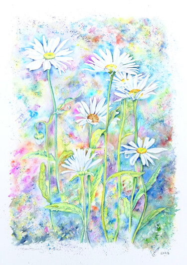 Pintura intitulada "Moon Daisy Fantasia" por Elizabeth Sadler, Obras de arte originais, Aquarela