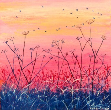 Painting titled "Fen Sunset Glow" by Elizabeth Sadler, Original Artwork, Oil Mounted on Other rigid panel