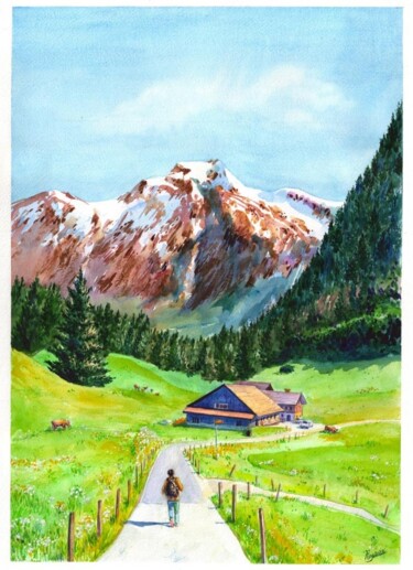Painting titled "Альпийский рай" by Elizabeth Shamina, Original Artwork, Watercolor