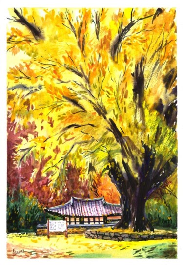 Painting titled "Осень в Корее" by Elizabeth Shamina, Original Artwork, Watercolor