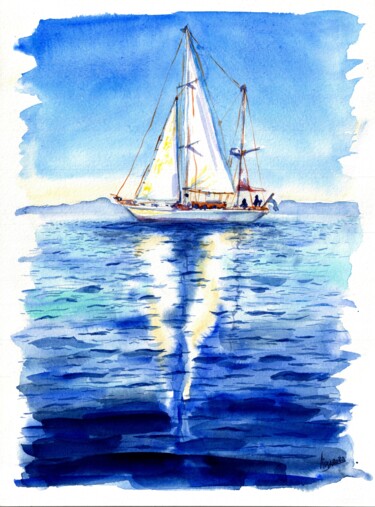 Malarstwo zatytułowany „Яхта в море” autorstwa Elizabeth Shamina, Oryginalna praca, Akwarela