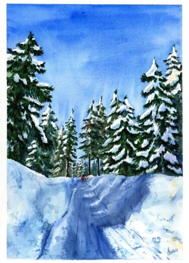 Картина под названием "Зимняя прогулка" - Elizabeth Shamina, Подлинное произведение искусства, Акварель