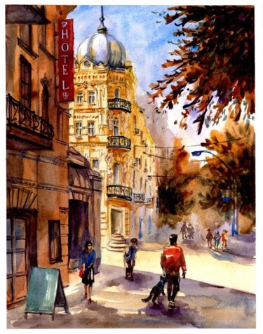Peinture intitulée "Солнечная улица Кие…" par Elizabeth Shamina, Œuvre d'art originale, Aquarelle