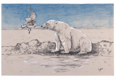 Peinture intitulée "Белый медведь и чай…" par Elizabeth Shamina, Œuvre d'art originale, Encre