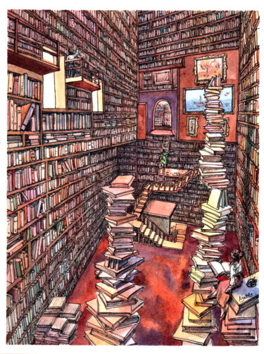 Картина под названием "Однажды в библиотеке" - Elizabeth Shamina, Подлинное произведение искусства, Акварель