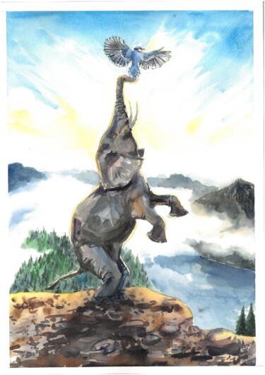 Painting titled "Слон на скале" by Elizabeth Shamina, Original Artwork, Watercolor