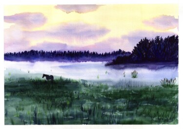 Картина под названием "Лошадь на рассвете…" - Elizabeth Shamina, Подлинное произведение искусства, Акварель