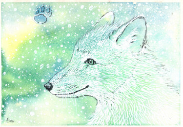 Peinture intitulée "Белая лисичка зимой" par Elizabeth Shamina, Œuvre d'art originale, Aquarelle