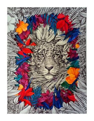 Картина под названием "Ягуар в растениях" - Elizabeth Shamina, Подлинное произведение искусства, Чернила