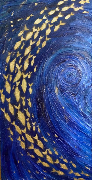 Картина под названием "Косяк золотых рыб" - Елизавета Вершинина, Подлинное произведение искусства, Акрил Установлен на Дерев…