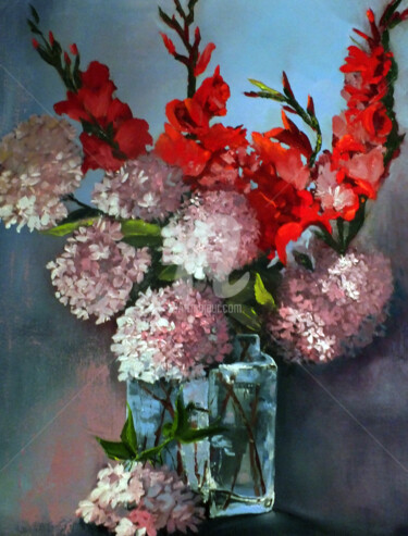Malarstwo zatytułowany „Hydrangeas and Glad…” autorstwa Elizabeth Williams, Oryginalna praca, Olej Zamontowany na Drewniana…