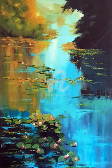 Painting titled "Water Lilies 3" by Elizabeth Williams, Original Artwork, Oil