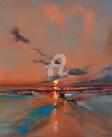 Ζωγραφική με τίτλο "Shoreline Sunset" από Elizabeth Williams, Αυθεντικά έργα τέχνης, Λάδι