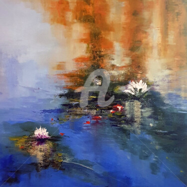 Painting titled "WATERLILIES 5" by Elizabeth Williams, Original Artwork, Oil Mounted on Wood Stretcher frame