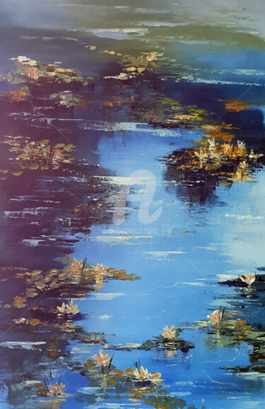 Schilderij getiteld "Our Water Lily Pond…" door Elizabeth Williams, Origineel Kunstwerk, Olie Gemonteerd op Frame voor houte…