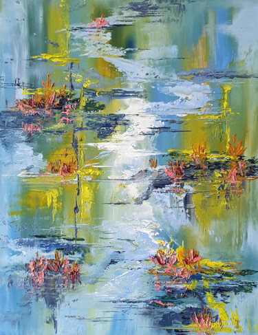 Painting titled "Waterlilies thru' S…" by Elizabeth Williams, Original Artwork, Oil Mounted on Wood Stretcher frame